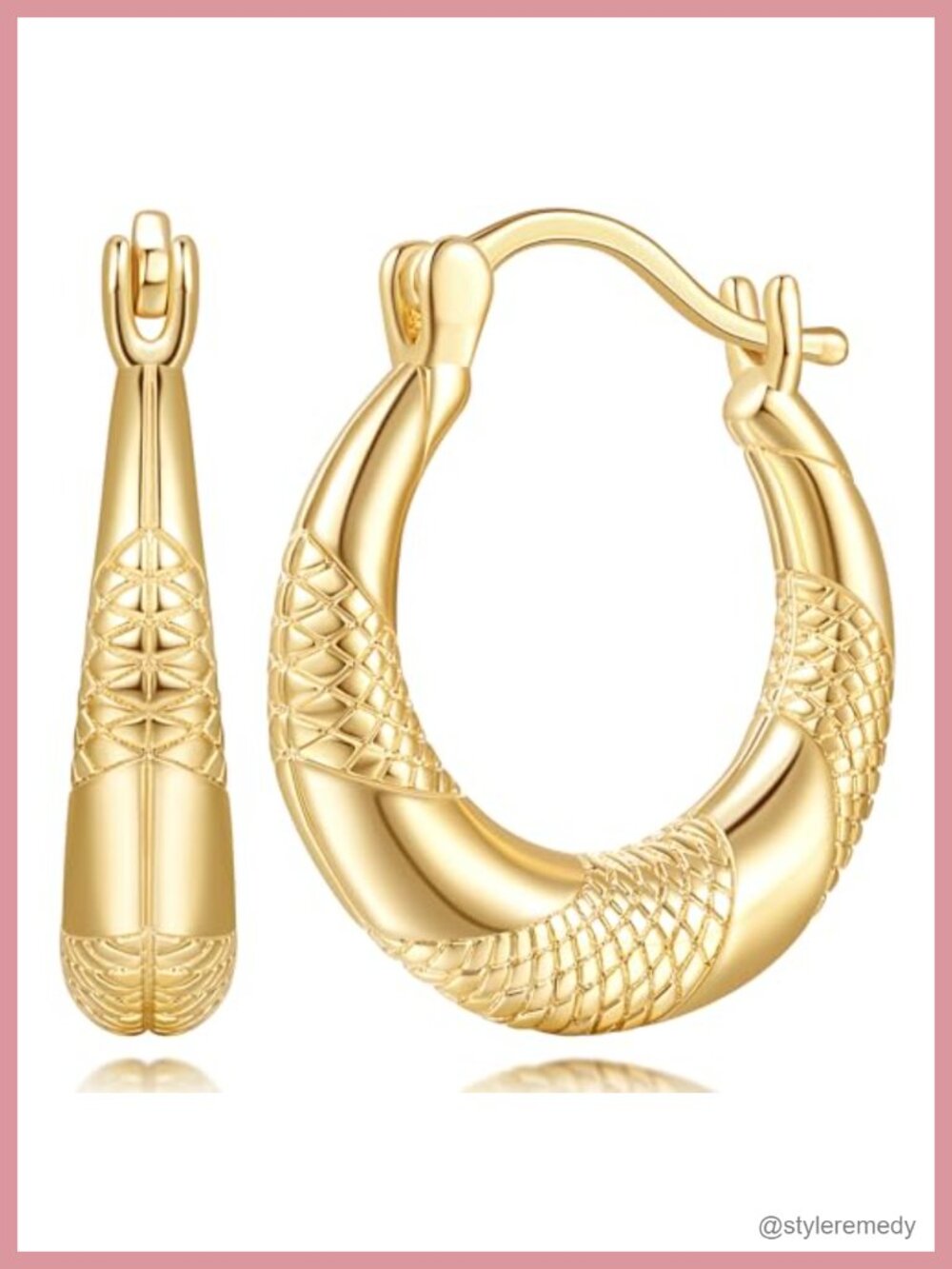 14k Gold Plated Chunky Hoop Earrings Croissant Textured 20mm